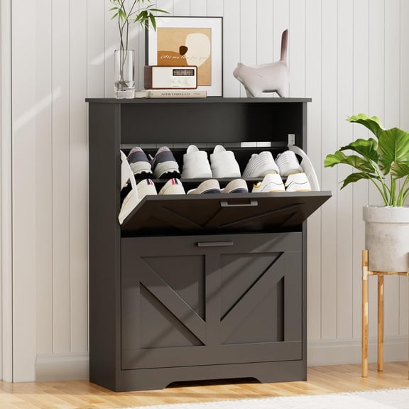 Farmhouse Shoe Cabinet for Entryway with Barn-Style Flip Drawers, Narrow Storage Organizer Top Display Shelf, Adjustable Shelves, Rack Hallway, Closet- (Black, 24")