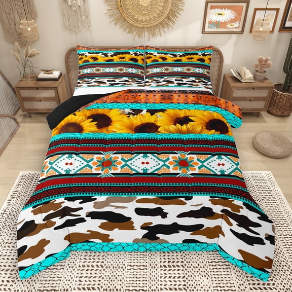 Manfei Retro Rustic Aztec Bedding Comforter Set,Farm Cattle Hide Twin Comforter Sets,Rustic Flower Floral Bedding Set For Boys Kids,Breathable Home Decor Reversible,2pcs