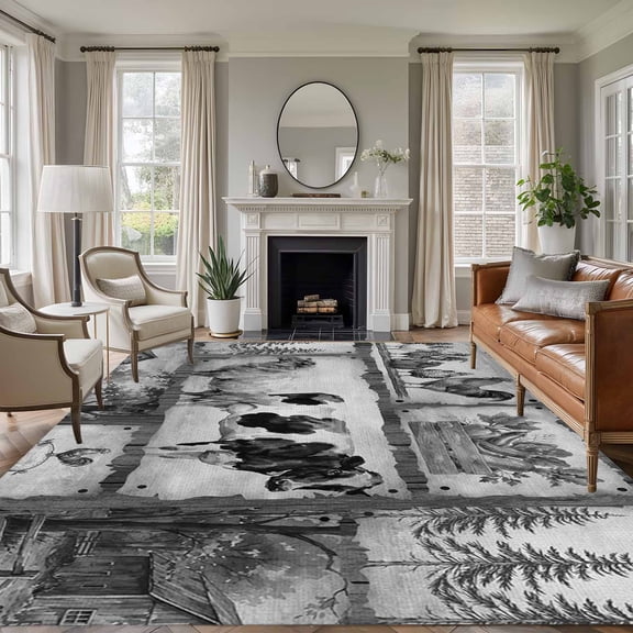 Area Rug for Living Room, Black White Animals Non-Slip Indoor Large Carpet for Bedroom/Dining Room, Cow Rooster Trees Vintage Art Washable Low-Profile Rectangle Floor Runner Rugs - 5 x 7 Ft