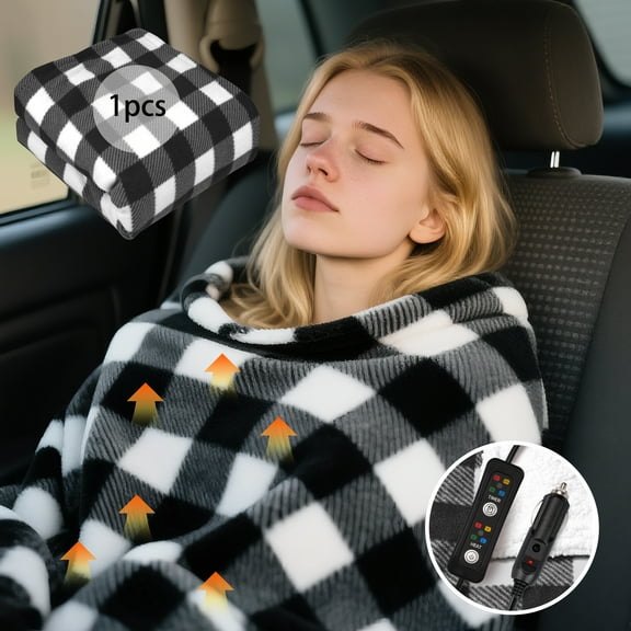 Heated Car Blanket - 12-Volt Electric Blanket for Car, Truck, SUV, or RV - Portable Heated Throw - Camping Essentials by Greatcool (Black Plaid)