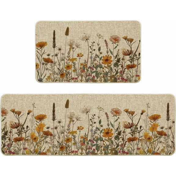 Flowers Fall Kitchen Mats Set of 2, Autumn Home Decor Low-Profile Kitchen Rugs for Floor - 17x29 and 17x47 Inch