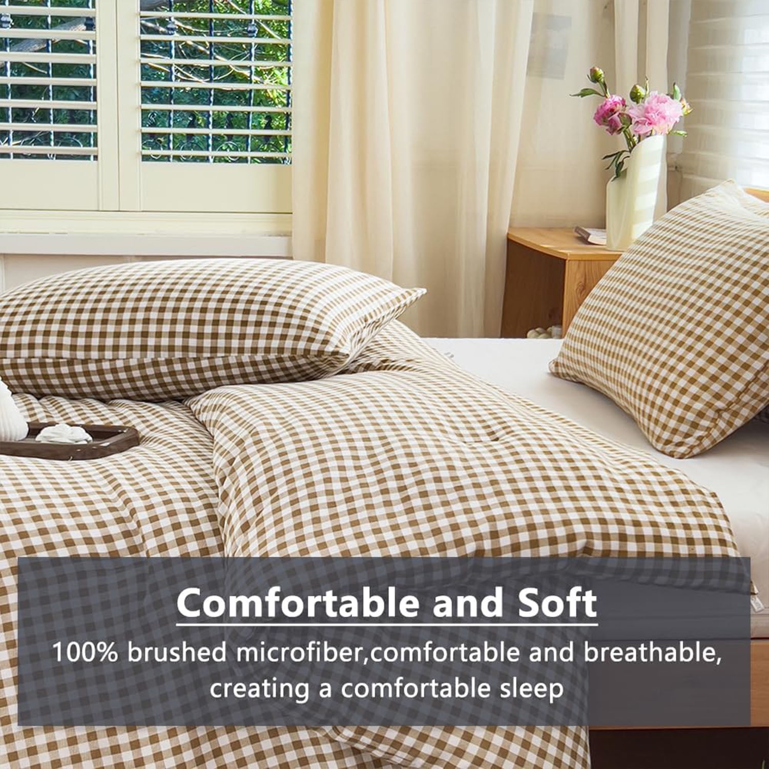 Tan Gingham King Comforter Set, Taupe Plaid Bedding Set, Checked Bed Comforter 3 Pieces(Tan Gingham, King)