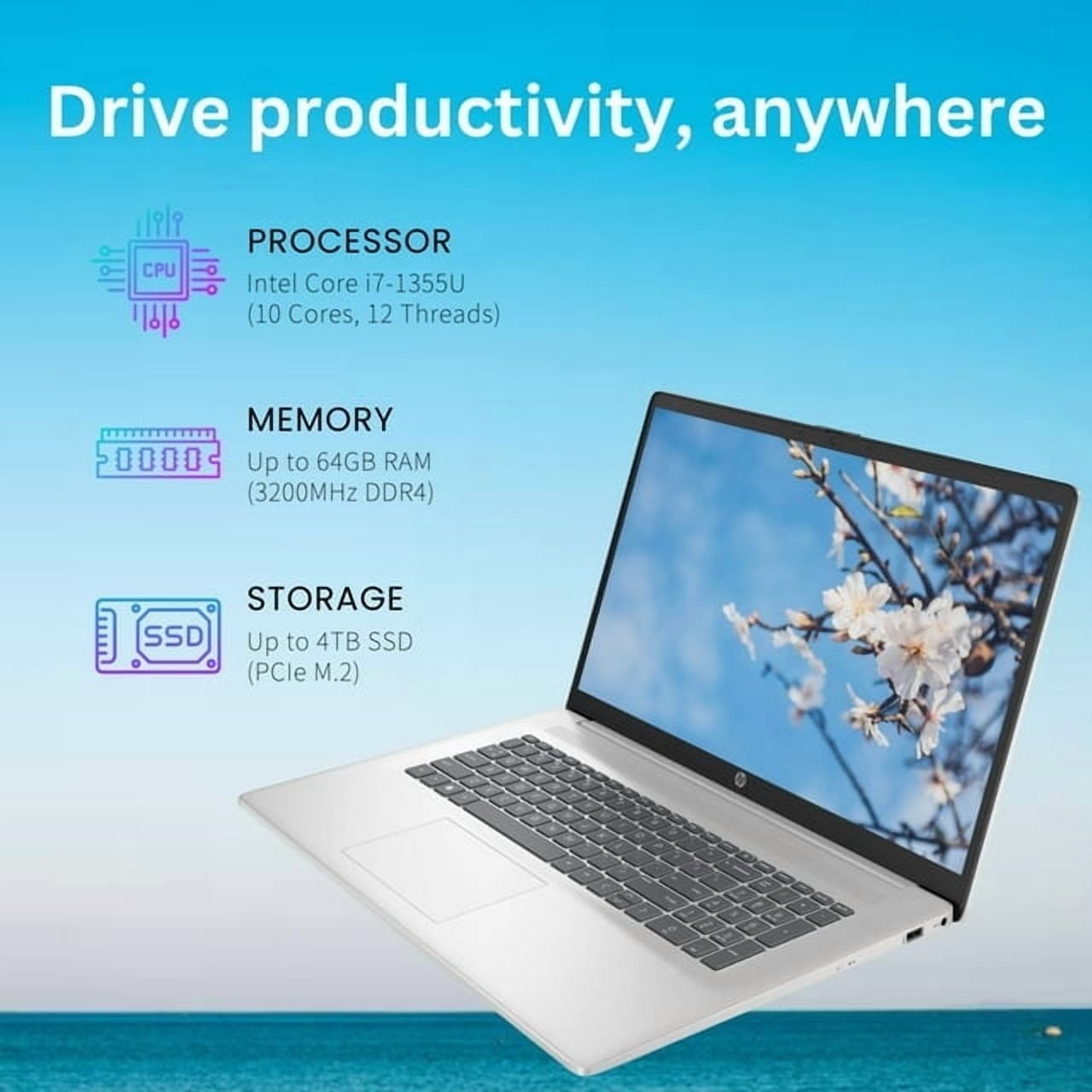 HP 17t Laptop, 17.3" HD + Touchscreen , Intel Core i7-1355U, Intel Iris Xe Graphics, 8GB RAM, 512GB SSD, Webcam,Backlit KB, Wi-Fi 6,Windows 11 Pro, Silver