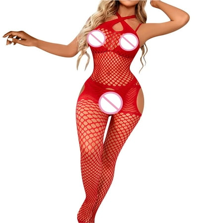 

DNDKILG Women s Sexy Fishnet One Size Body Stockings Lingerie Christmas Red Nightwear Bodysuit Red One Size