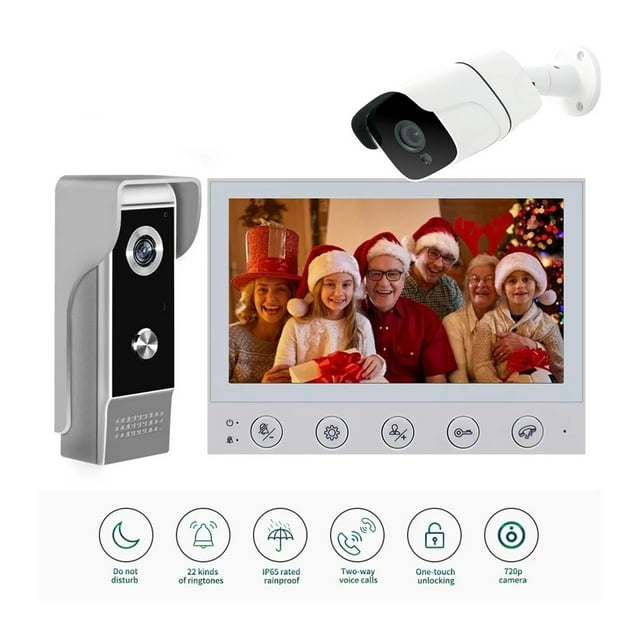 Kit d'Interphone Vidéo 7 Pouces pour Maison, Sonnette Extérieure avec Caméra, Vision Nocturne, Étanche, Mains Libres, Interphone Double Sens, Résistant aux Intempéries