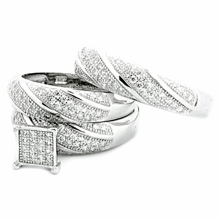 Sterling Silver Trio Wedding Rings Set His and Her Rings 