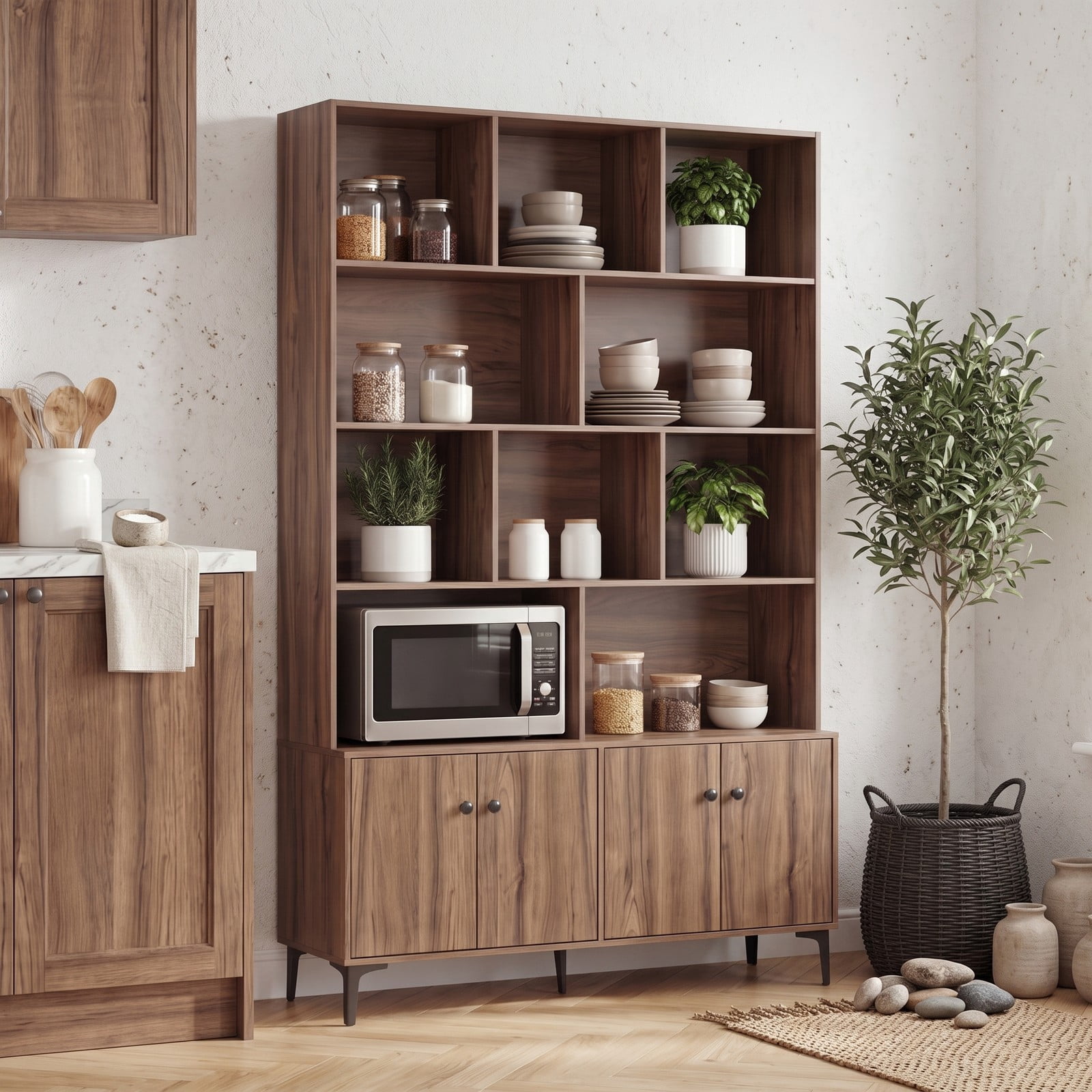 Furnibear 68.5" Tall Bookshelf with 4 Doors and Open Display Shelves, Freestanding Bookcase Storage Cabinet with Anti-Tipping Kits and Metal Legs for Home, Walnut