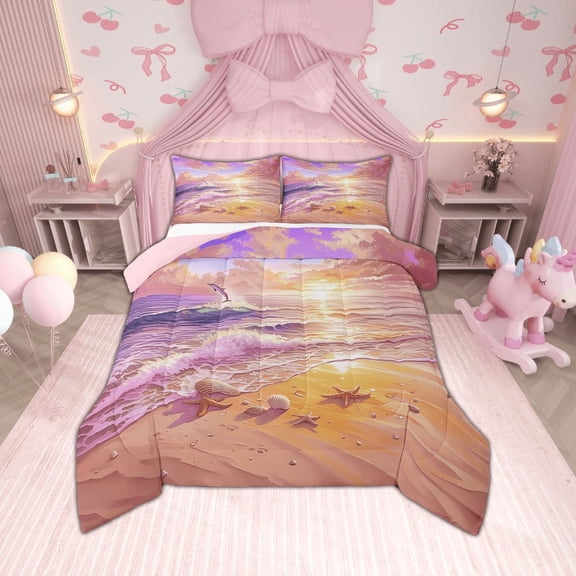 Erosebridal Sea Dolphin Bedding Twin Comforter Set,Starfish Seashell Down Comforter,Ocean Beach Bedding Sets Twin with Comforter,Lightweight Summer Holiday Bedroom Decorative,Reversible,2-Piece