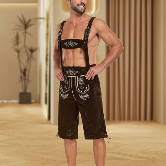 Njagoc3 Mens Bavarian Leather Lederhosen Shorts Set, Traditional Brown, Oktoberfest & Cultural Events Outfit