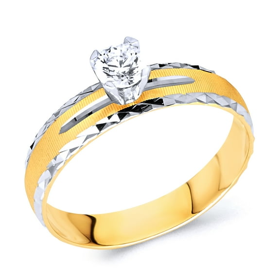 Wellingsale Ladies Solid 14k Two 2 Tone White and Yellow Gold Polished Diamond Cut CZ Cubic Zirconia Engagement Ring - Size 4
