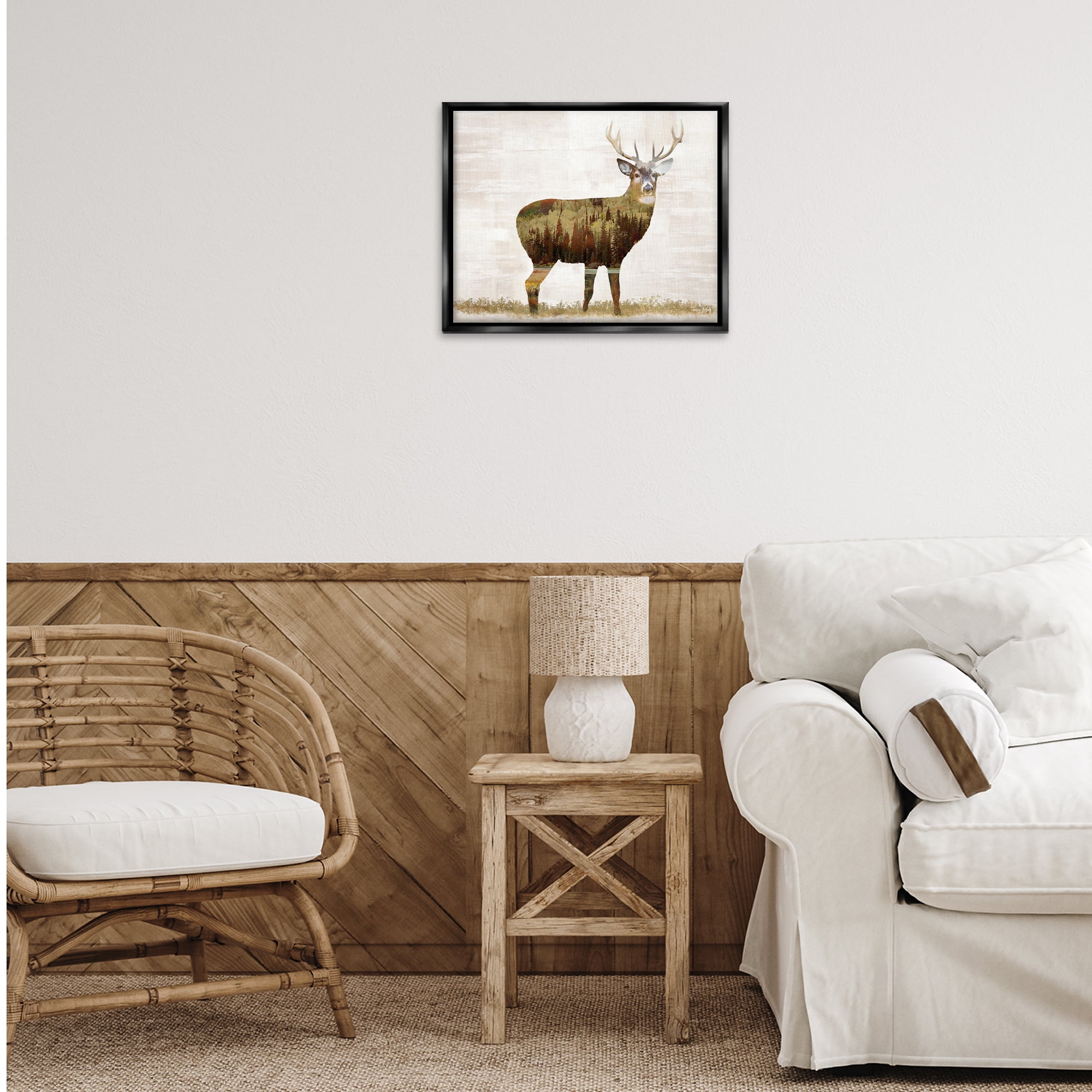 Stupell Industries Forest Pattern Deer Animals & Insects Painting Black Floater Framed Art Print Wall Art, 21 x 17