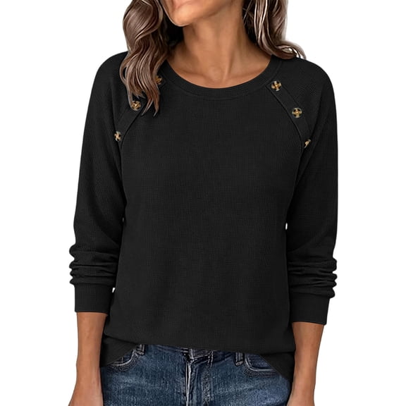 cocolona Long Sleeve Tops for Women Crew Neck Solid Color Basic Tee Decorative Button Casual Fall Outfits