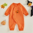 thumbnail image 3 of GYRATEDREAM Newborn Boys Girls Halloween Jumpsuit Coat Infant Pumpkin Ghost Print Crewneck Long Sleeve Button up Romper Baby Fall Winter One Piece Outfit Clothes for 0-6 Months Black Orange, 3 of 9