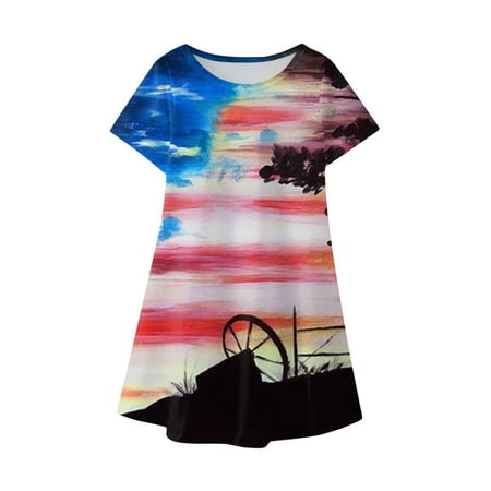 

PEASKJP Tulle Dress Girls Toddler Girls Sleeveless Printed Round Neckline Boho Ruffled Dress Blue 3-4 Years