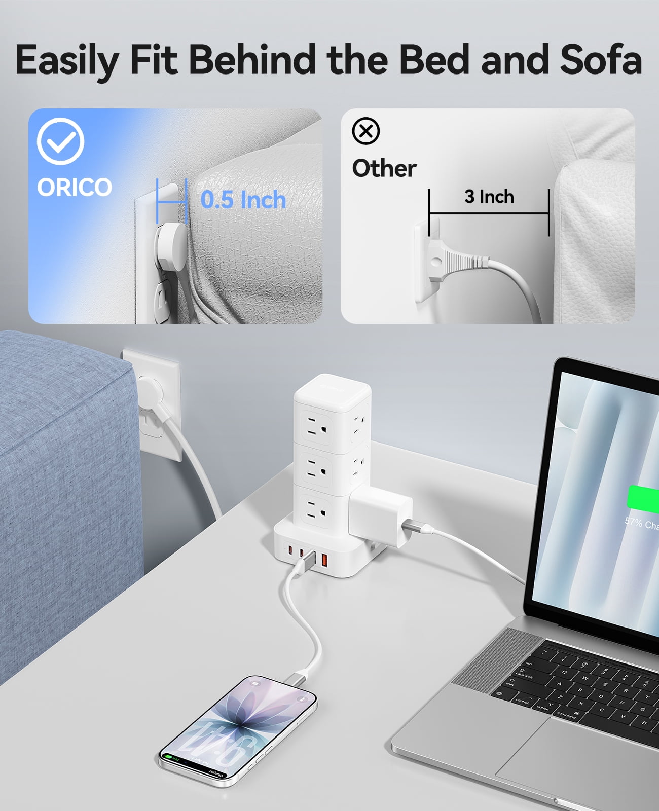 ORICO Power Strip Tower with Multiple Outlets, Tower Extension Cord with 12 AC Outlets 4 USB Ports (2 USB C), Space Saving Design, 5FT Cord Power Tower for Home, Office, Dorm - TPP20 (White)