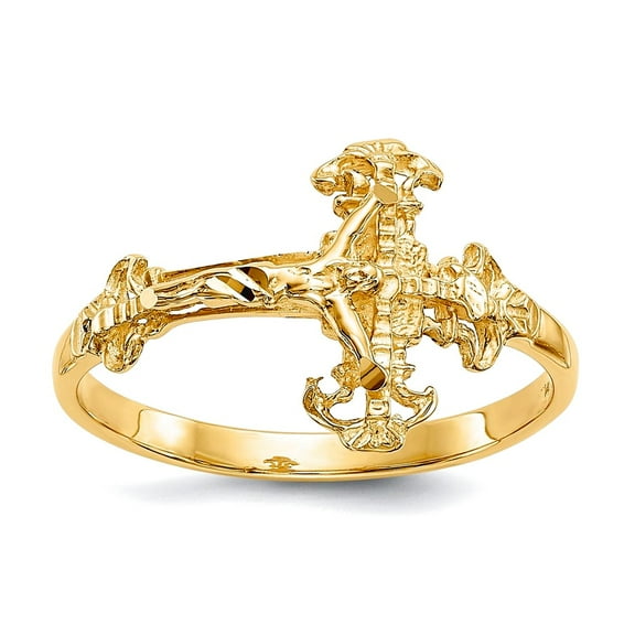 10k Solid Yellow Gold Sparkle Cut Crucifix Ring Size 6.00-Ring for Women - 1.2 Grams