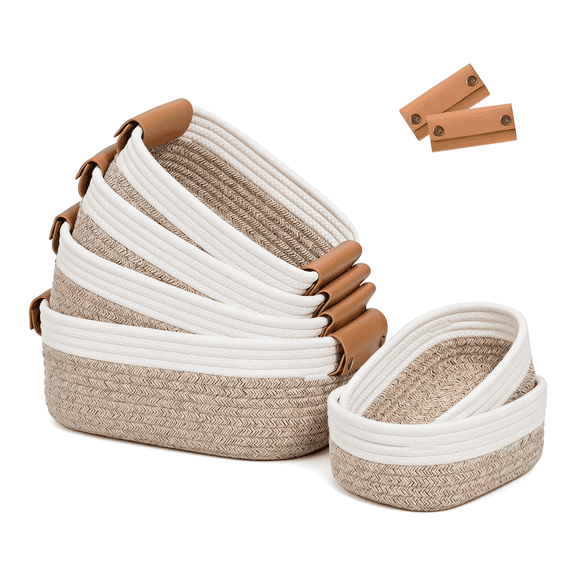 Storage Baskets for Organizing, Set of 6 Cotton Rope Woven, 4 with Leather Handles & 2 Small Gift Baskets, Brown White Bins for Bedroom, Shelves & Nursery