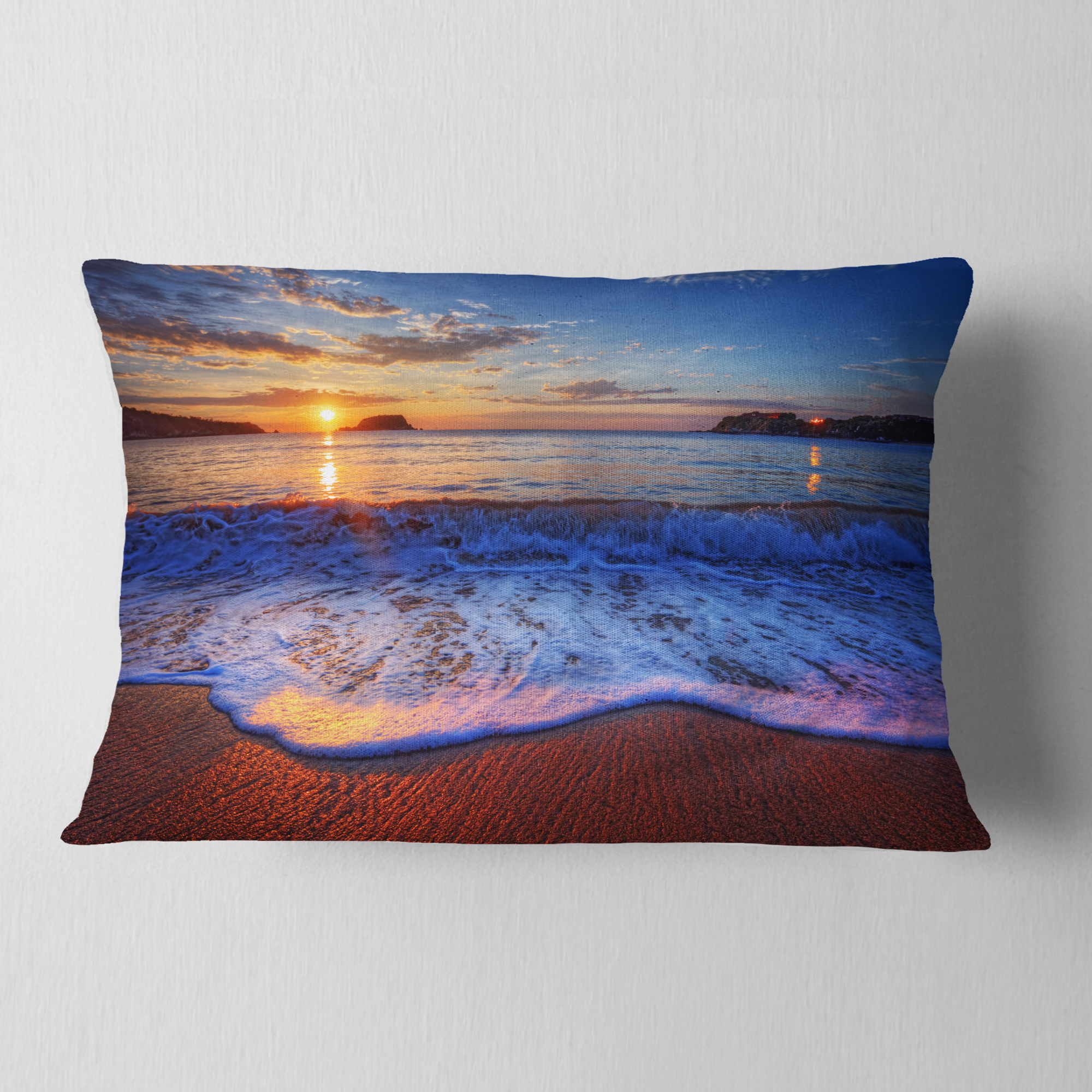 Designart Blue Waves on Sandy Beach - Seashore Throw Pillow - 12x20
