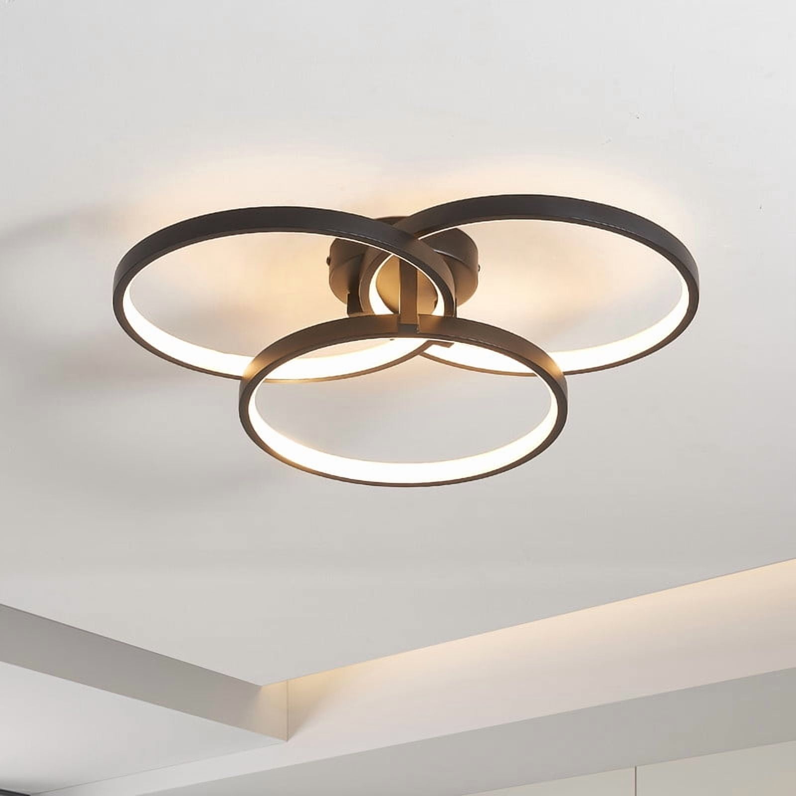 Modern Black LED Chandelier, 20-Inch 3-Ring Pendant Light Fixture, Flush Mount Ceiling Light for Dining Room, Kitchen Island, Bedroom or Living Room, Sleek and Energy-Efficient