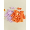 thumbnail image 3 of 2 Pcs Infant Girl Halloween Outfit Ruffle Long Sleeve Neck Pumpkin/Ghost Embroidery Romper Dress and Headband Set, 3 of 9