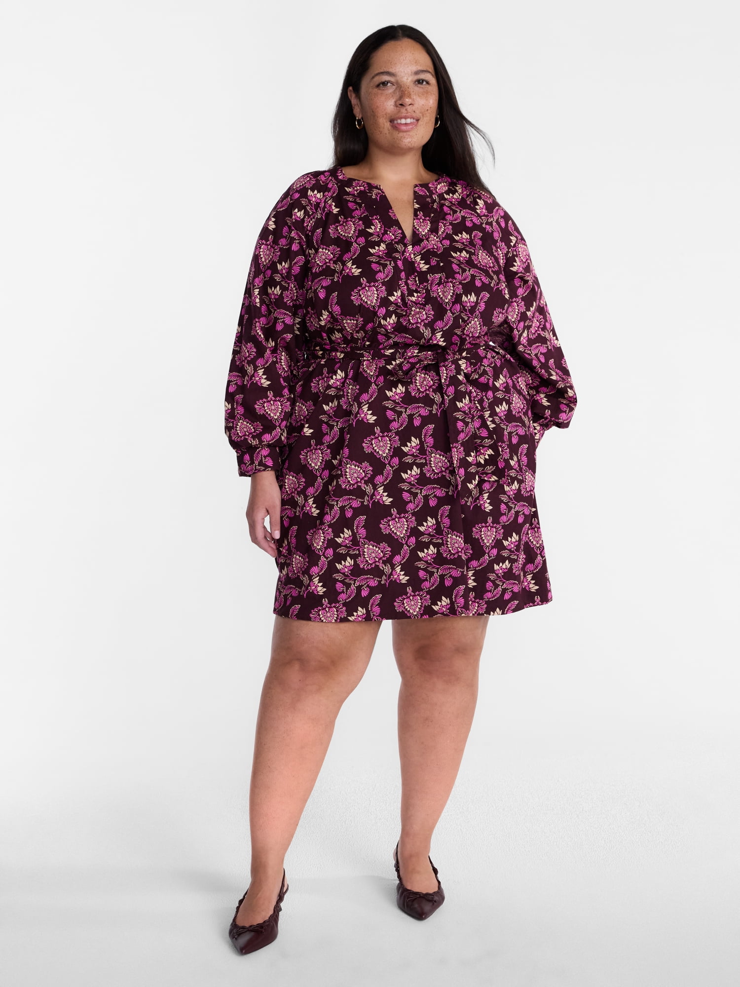 Terra & Sky Women's Plus Cotton Balloon Sleeve Tie Waist Tunic Dress, Sizes 0X-5X