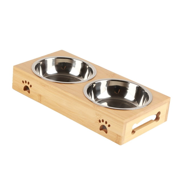 Cuenco de cerámica para gatos, cuenco doble de bambú para mascotas, cuenco doble de cerámica para mascotas, mesa de bambú para mascotas con cuencos de cerámica multifuncional