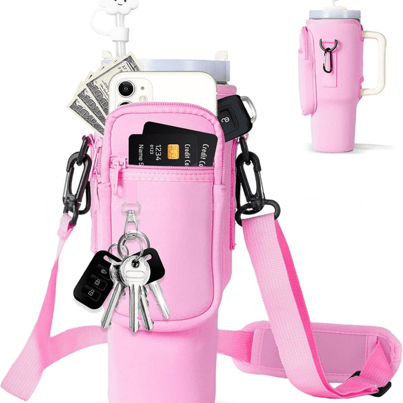Water Bottle Carrier Bag for Stanley Cup 40/30oz with Phone Holder Pockets,Neoprene Water Bottle Cross-body Bag with Adjustable Shoulder & Hand Strap Stanley Cup Accessories