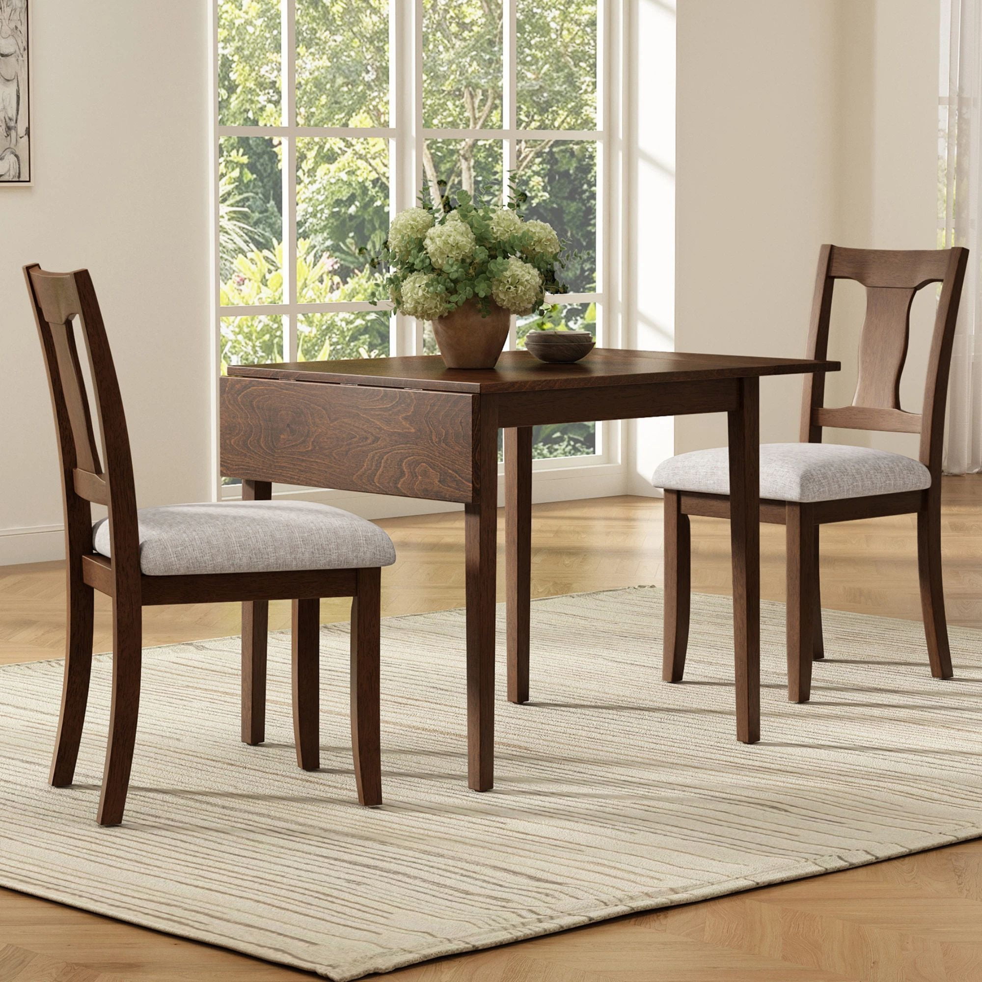 Euroco 3 Piece Wood Dining Table Set, Modern Breakfast Nook Kitchen Table Set with Drop Leaf and 2 Upholstered Chairs for Small Places,Brown