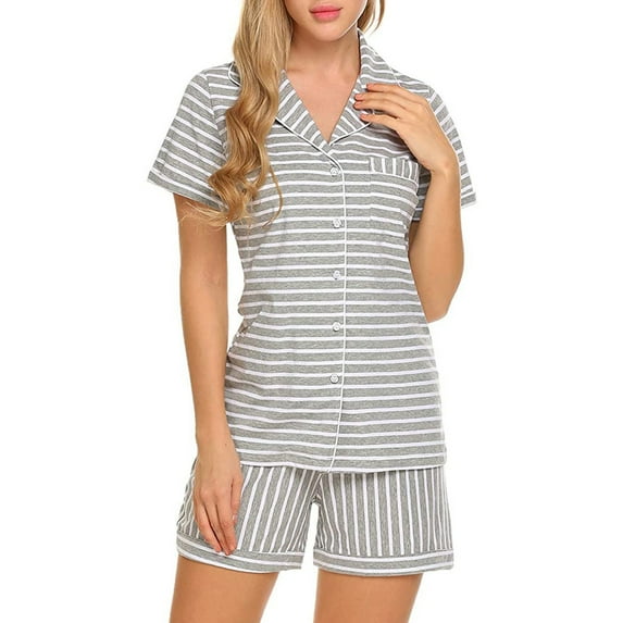 Aueoeo Pajamas for Women Set, Pajamas Soft Women's Short Sleeve Button Down Sleepwear Shorts and Shirt Pj Set Loungewear Sleepwear Sleep Set