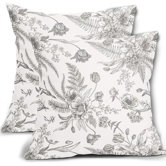Grey and White Floral Pillow Covers 18x18 Inch Set of 2 Gray Flowers Throw Pillowcase Square Decorative Morden Light Grey Cushion Cover for Sofa Bedroom Indoor Outdoor Party