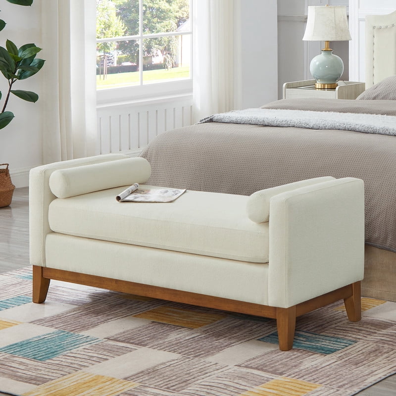 51" Storage Ottoman Bench with Arms and Pillows, Large Boucle Upholstered Tufted End of Bed Bench with Thick Padded Seat for Entryway, Living Room,Bedroom, Beige