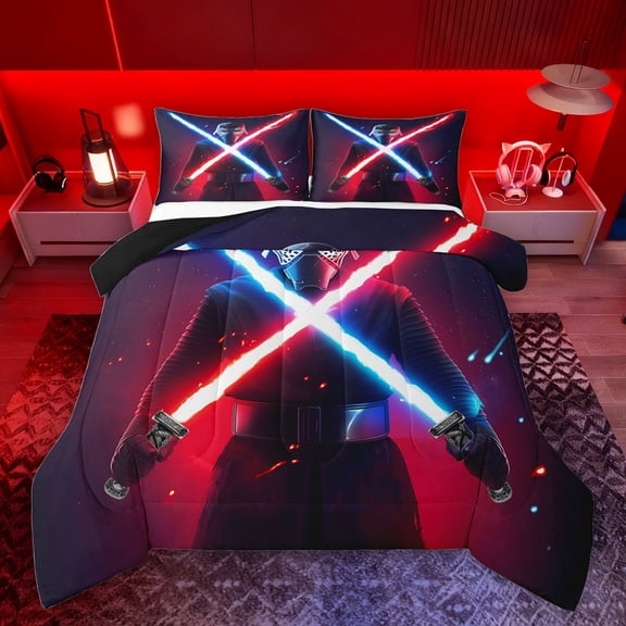 jejeloiu Modern Cool Lightsaber Bedding Comforter Set,Cartoon Light Sword Twin Comforter Sets,Neon Red Blue Bedding Set For Boys Kids,Breathable Home Decor Reversible,2 Pieces