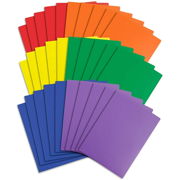 Two Pocket Plastic Folders, Assorted Colors, Durable Plastic Folders with Pockets, Letter Size with Business Card Slot, Bulk 30 Pack