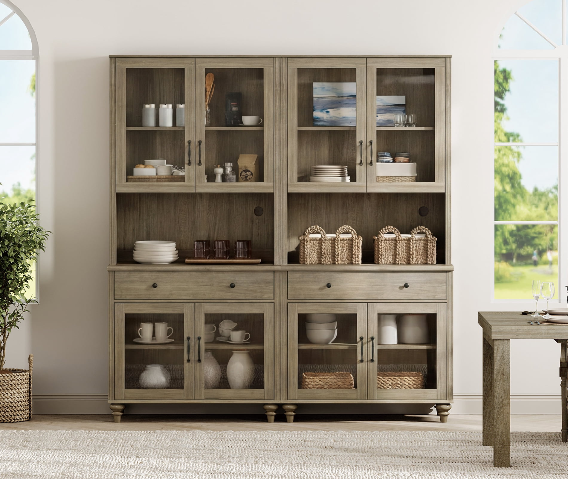 72.1"H × 67.7"W Bookcase with Glass Doors and Drawer, Large Farmhouse Bookcase with Bar Hutch, Suitable for Living Room, Bedroom, Home Office & Kitchen, Wash Gray