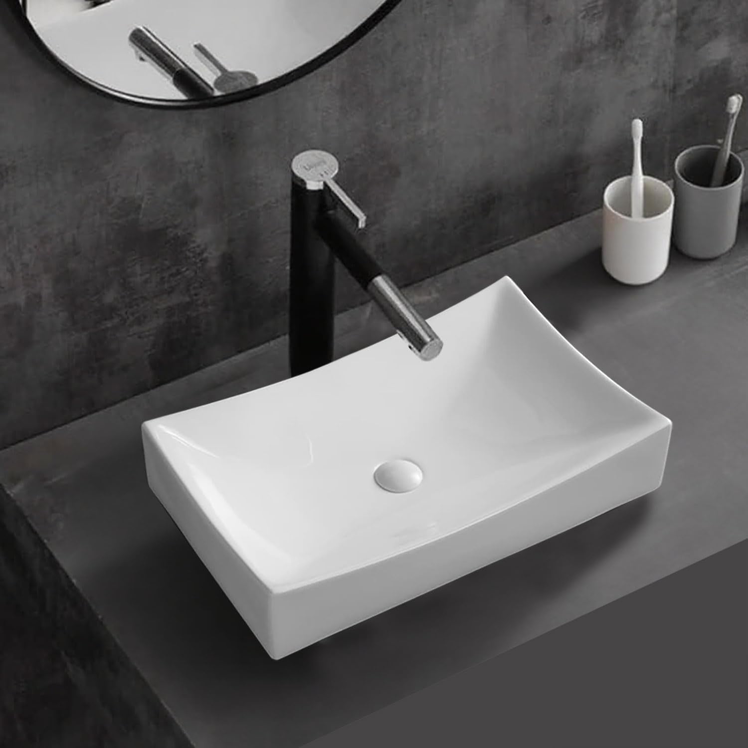 WinZo Small Rectangle Bathroom Sink Above Counter Square Basin Bowl Countertop Vessel 20"x15" Inches Modern Contemporary Porcelain Ceramic Wash Lavatory