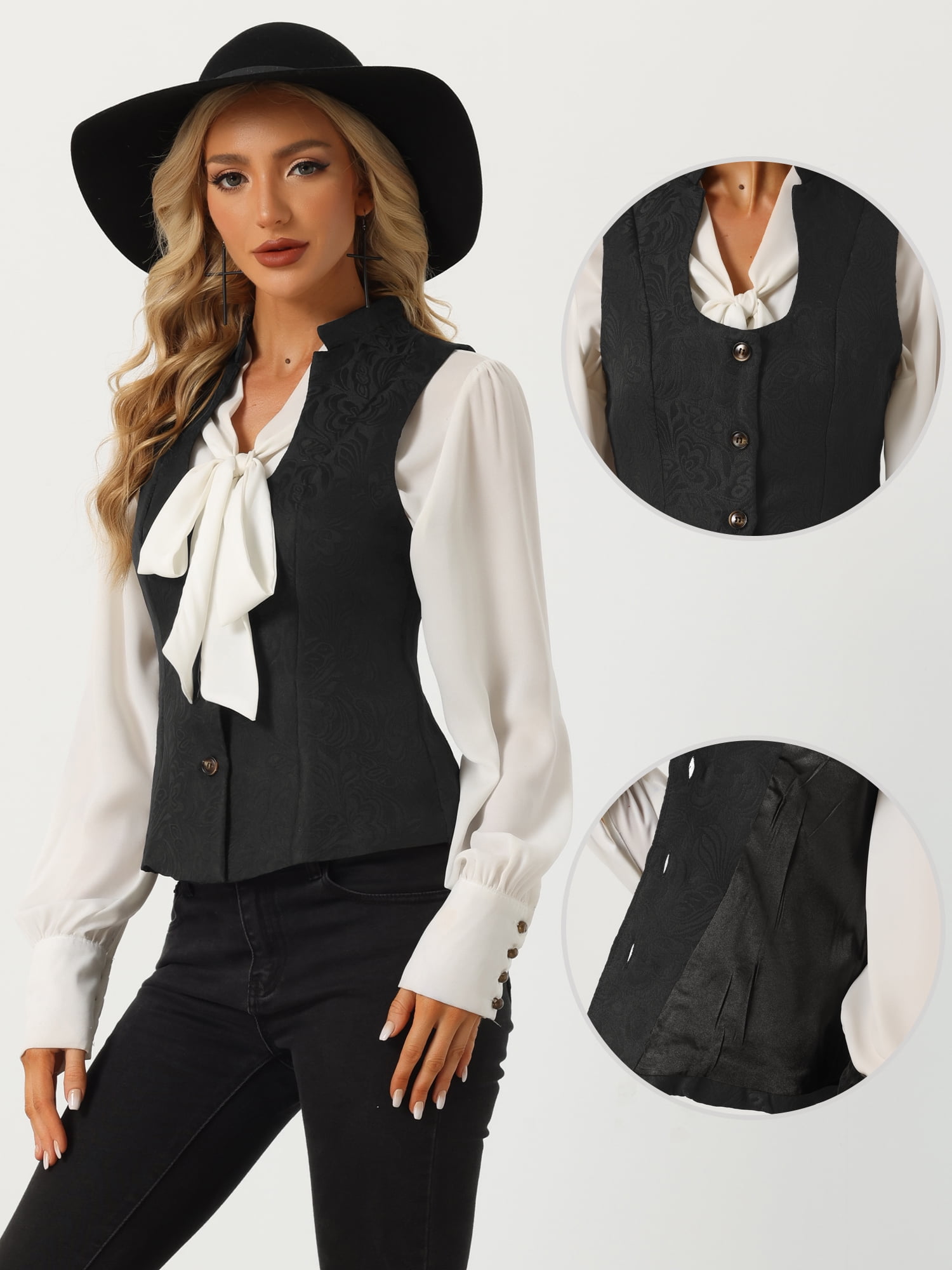 DARING DIVA Women's U Neck Jacquard Single Breasted Floral Gothic Waistcoat L Black