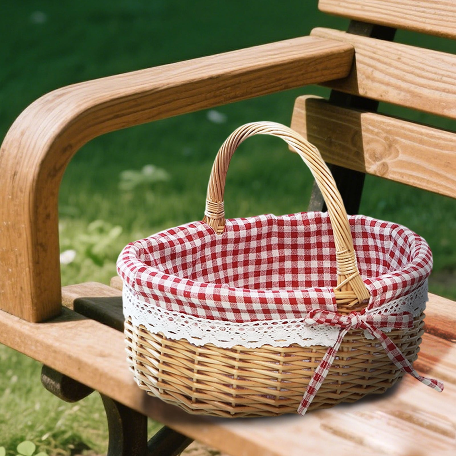 Multifunction Woven Picnic Basket with Removable Lace Print Liner, Portable Storage Basket, Suitable for Picnics, Camping, Hiking, Easter Decor, Spring Supplies, L9.8 x W7.8 x H10.2 in