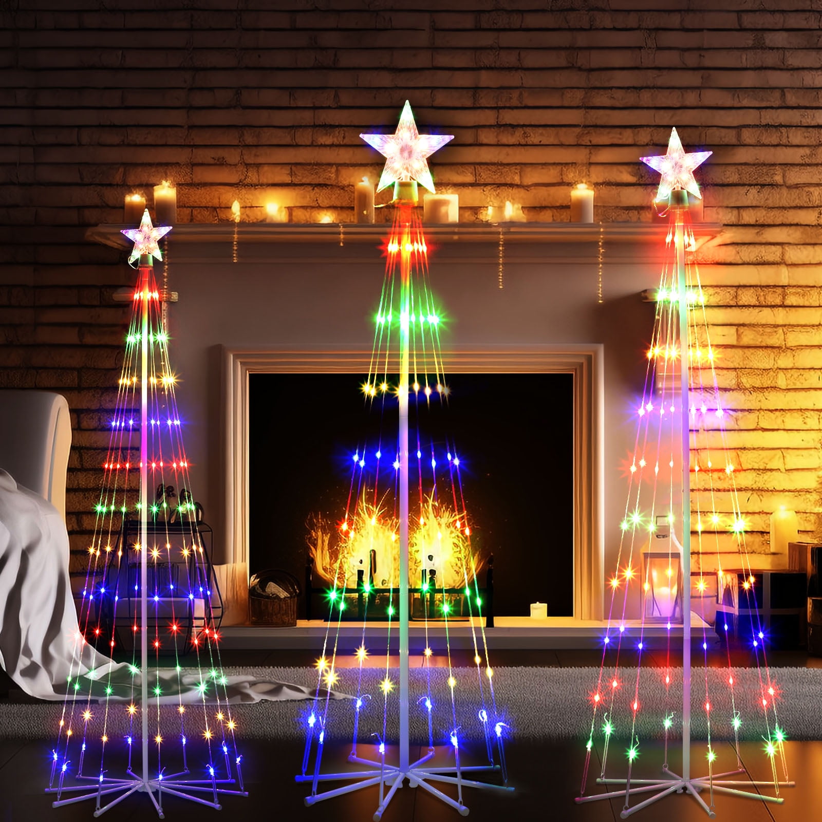 3 Pack LED Plug-In Christmas Tree Light Decorations, Multicolor Christmas Decor with Star Toppers, 4ft 5ft 6ft
