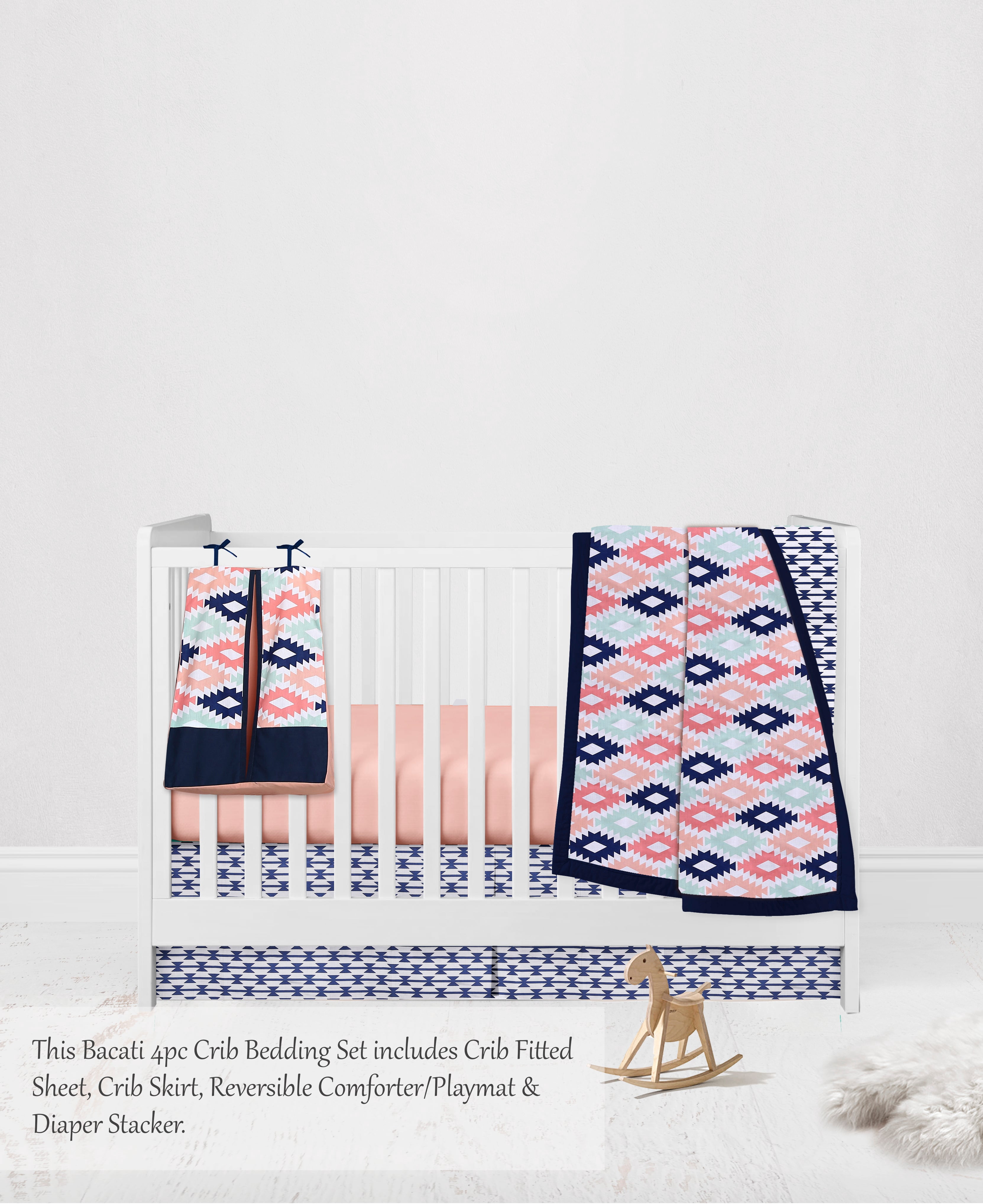 Bacati - Aztec Emma 4-Piece Crib Bedding Set with Diaper Stacker - Coral/Mint/Navy Girls