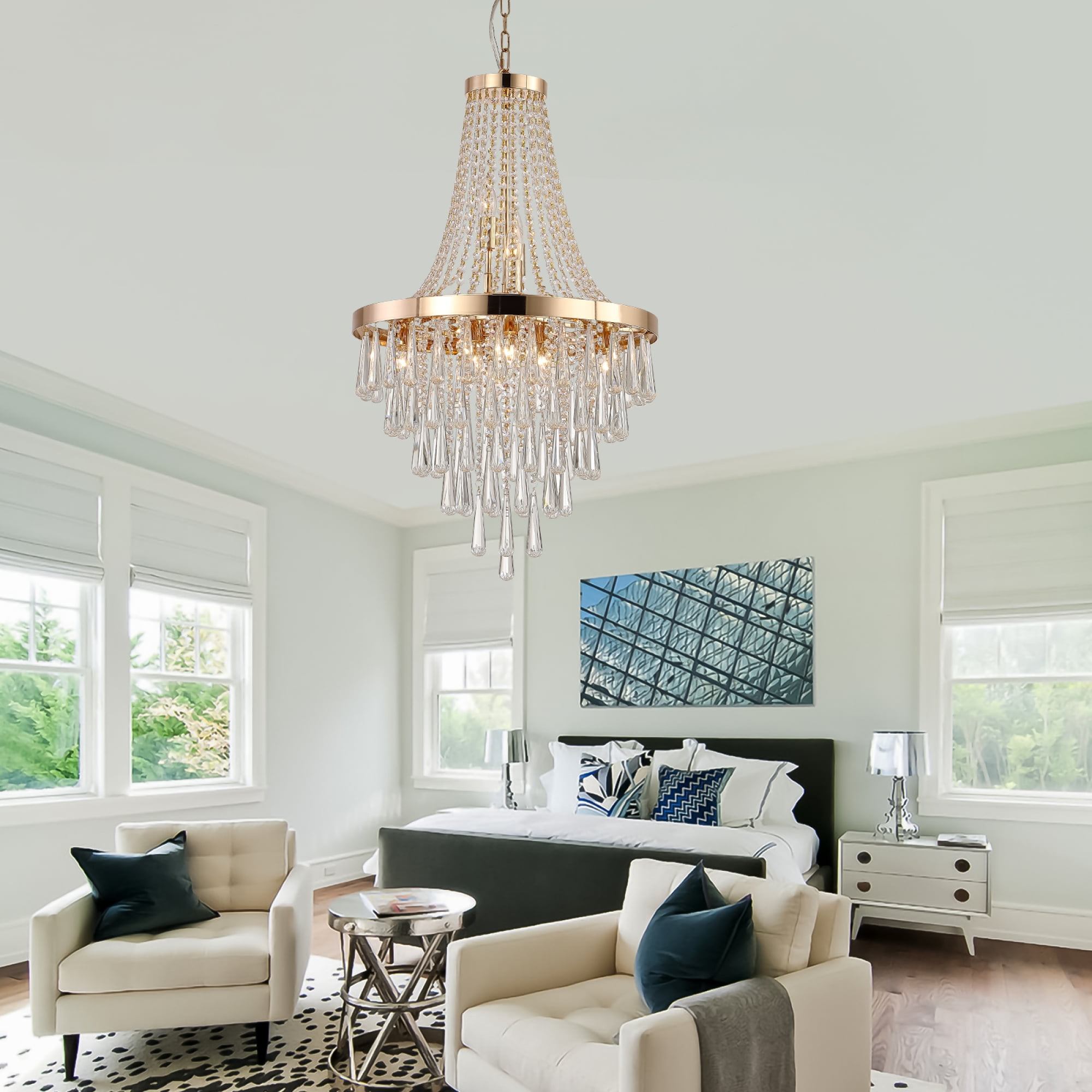 Jopath 20" Modern Crystal Pendant Chandelier with Golden Finish, 11-Light Hanging Light Fixture Tiered Design for Dining Room, Living Room, or Entryway (No Bulbs)