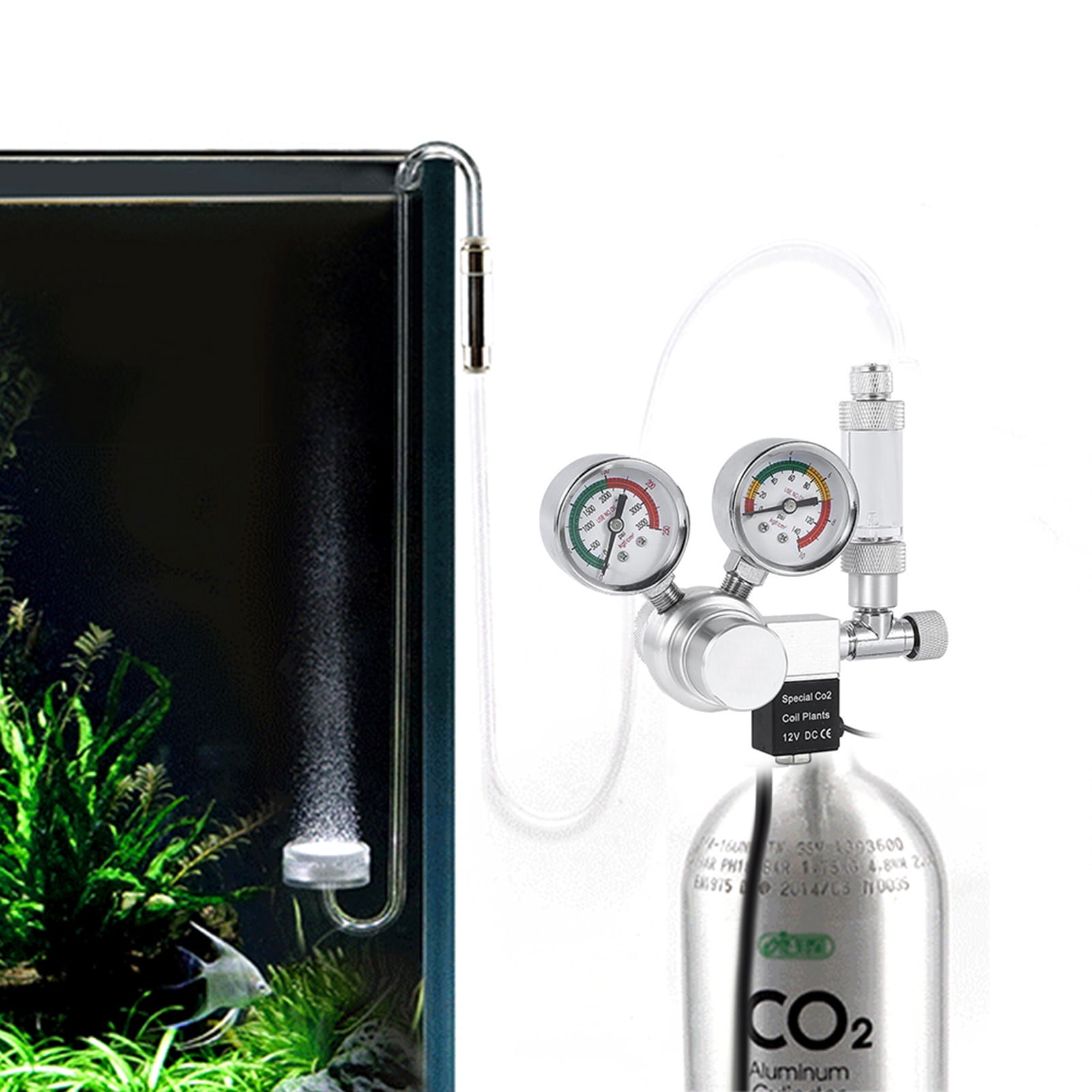 NFTIGB Aquarium CO2 Regulator Kit W21.8 Interface with Solenoid Valve Large Double Pressure Gauge Bubble Counter and Check Valve for Planted Tanks Silver EU Plug 9.45 inches / 24 cm