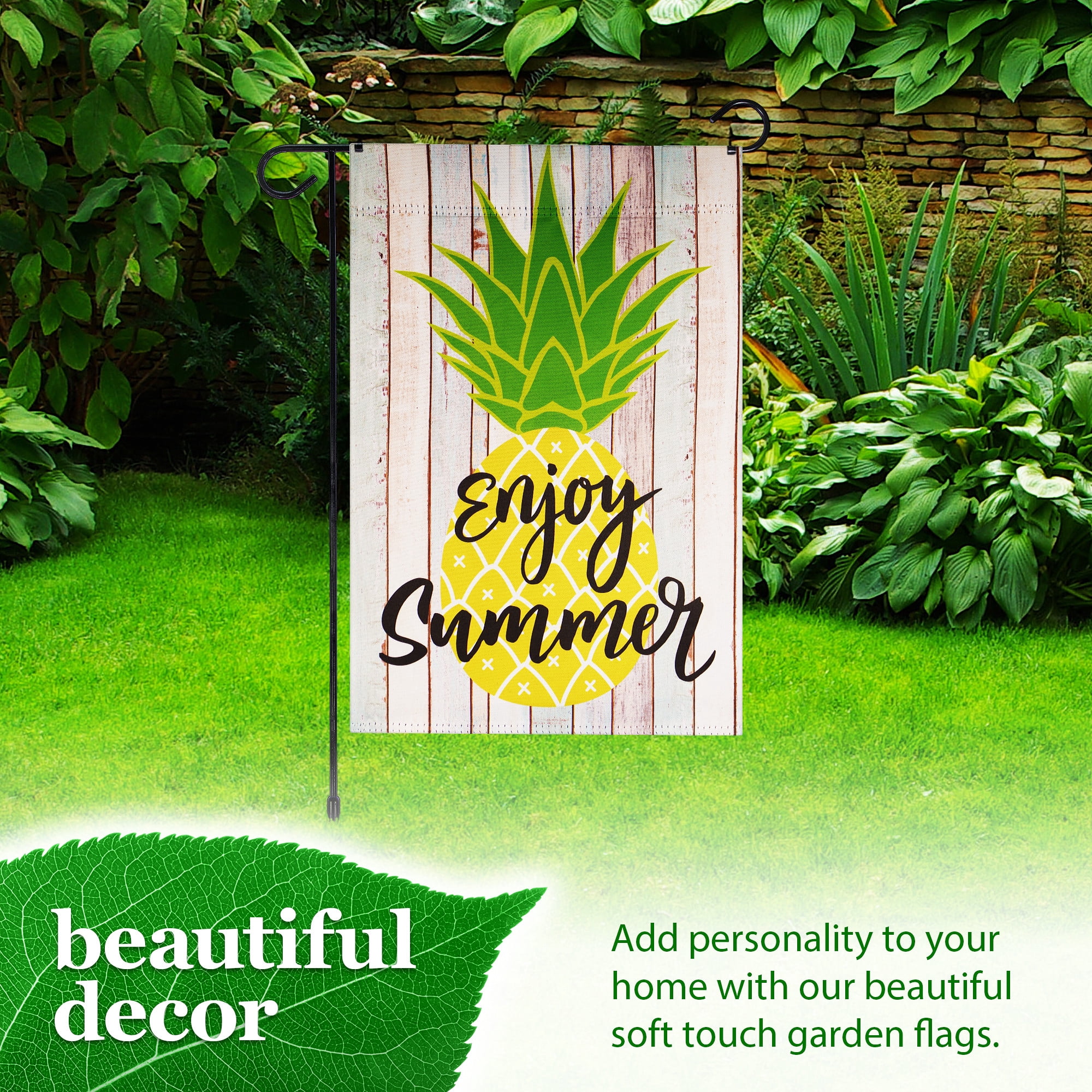 G128 Combo Pack: Garden Flag Stand Black 36 in x 16 in & Garden Flag Summer Decoration Enjoy Summer Pineapple 12"x18" Double-Sided Blockout Fabric
