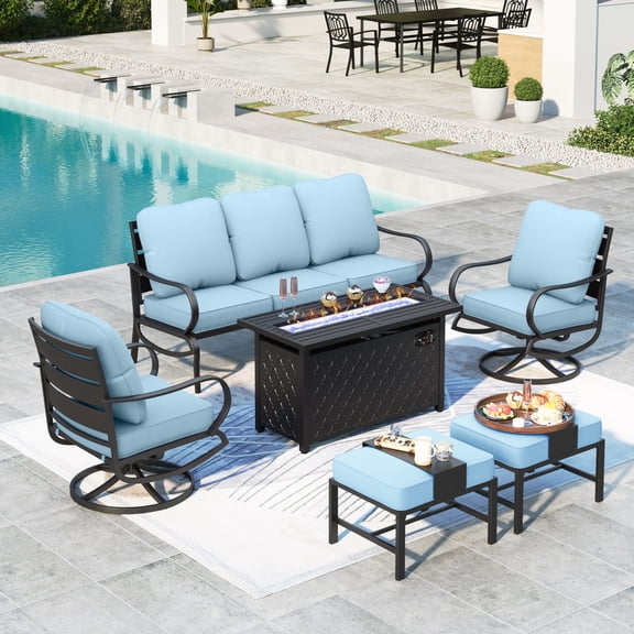 Summit Living 6 Pieces Patio Conversation Set with 45 inch Rectangle Fire Pit, Outdoor Metal Furniture Sofa for 7 Person, Beige Cushions