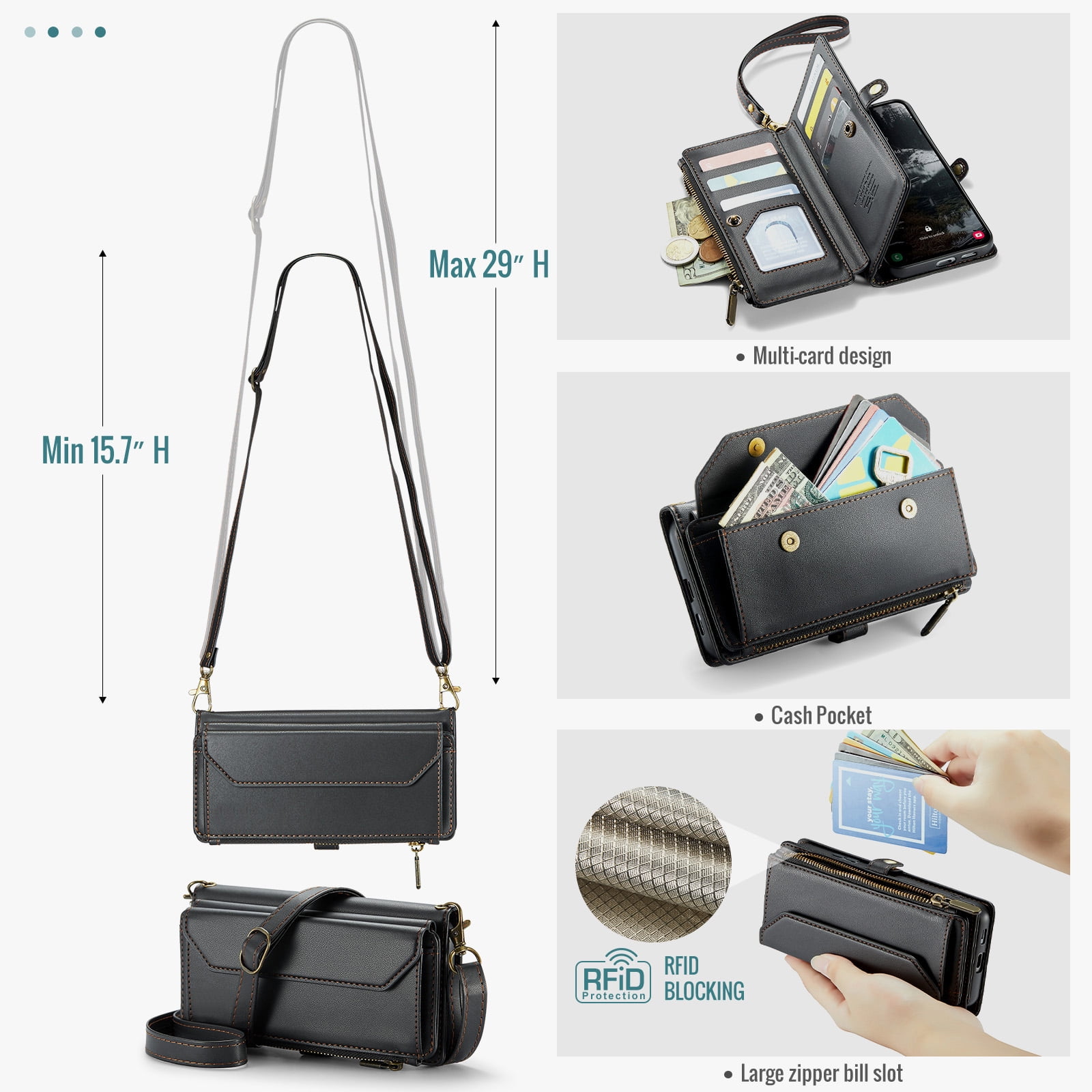 Compatible with Samsung Galaxy S25 Edge 5G Zipper Wallet Phone Case Tempered Glass Screen Protector Crossbody Lanyard Strap Flip Card Holder Slot Cell Cover for S25Edge 25S S 25 25Edge Women Black