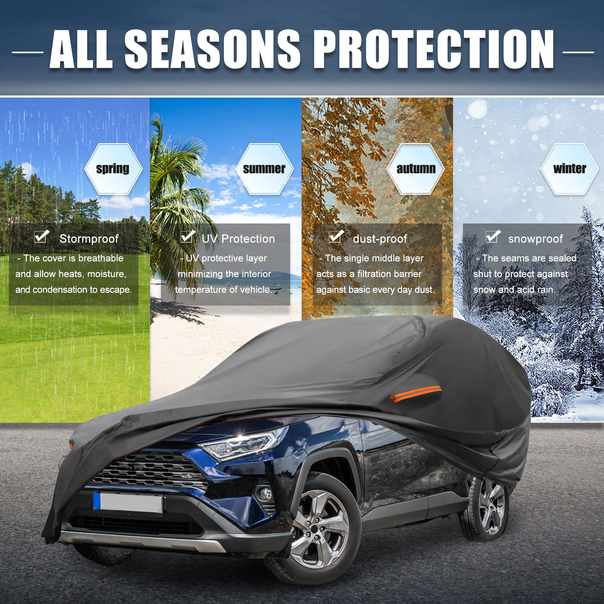 Unique Bargains Aluminum Film Outdoor Full Car Cover with Driver Door Zipper Black for Toyota RAV4 2012-2022 185"x75"x59"