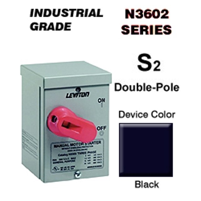 Leviton N3602 60 Amp, 600 Volt, Toggle In Type 3R Enclosure, Double-Pole, AC Motor Starting Switch, Suitable as Motor Disconnect, Industrial Grade, Black