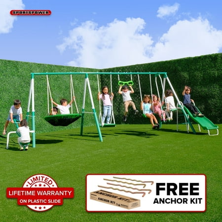 Sportspower Bayside 7-in-1 Metal Swing Set, 1000 lb Total Capacity, Teeter-Totter, Swing, Saucer, Standing Swing, Trapeze, Glider, 5 ft Slide, 17.4 ft L x 7.6 ft W x 6 ft H