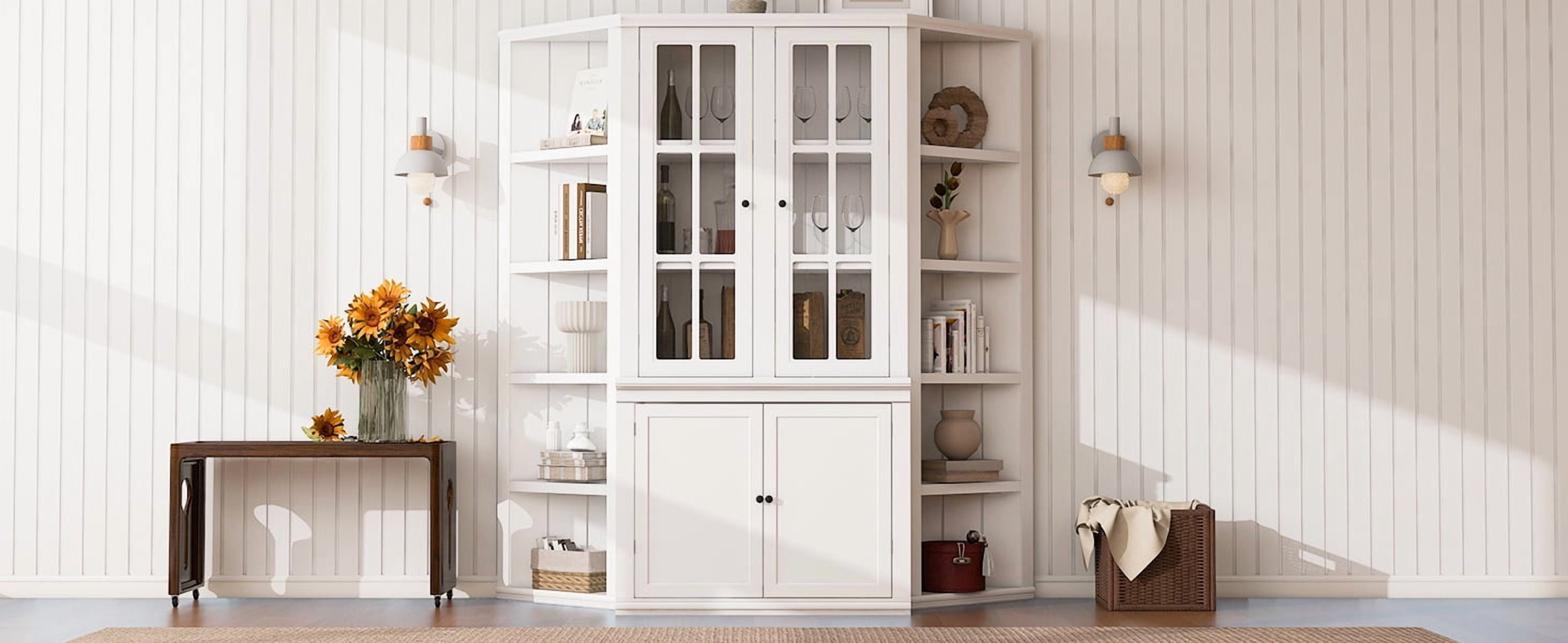 Euroco 75.25'' Tall Display Cabinet and Two Triangle Sided Bookshelves, 69.25'' Wide Retro Style Wall Suit with Glass Doors, for Hallways, Living room, Office, Studio or Workspace - White