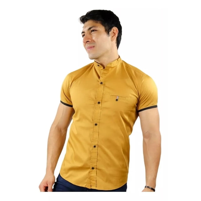 Camisa Manga Corta Slim Fit Hombre Casual Vestir Cuello Mao