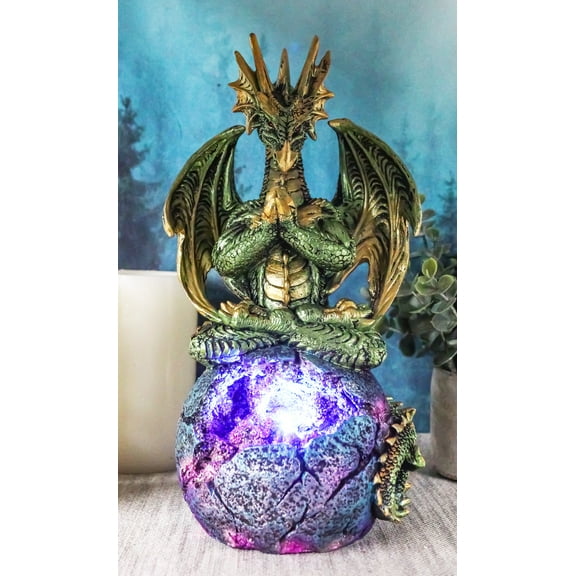 Meditating Green Gaia Yoga Monk Dragon On Rocky Earth LED Sphere Figurine